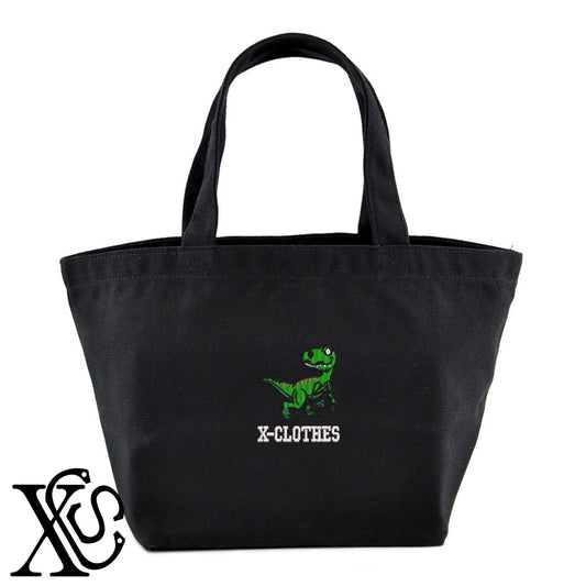 ティラノサウルス2柄 刺繍 キャンバス生地 ランチ ミニ トートバッグ レディース メンズ【X-CLOTHES】オリジナル グッズ 刺繍 ワンポイント 雑貨【b Black Camel】【g Natural Gray】 【1各種動物-恐竜】