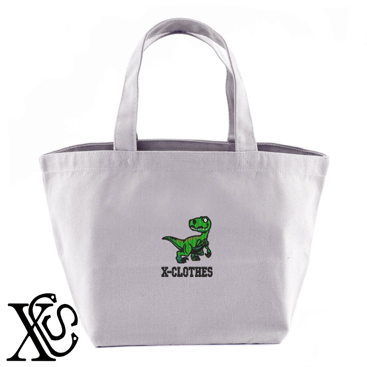 ティラノサウルス2柄 刺繍 キャンバス生地 ランチ ミニ トートバッグ レディース メンズ【X-CLOTHES】オリジナル グッズ 刺繍 ワンポイント 雑貨【b Black Camel】【g Natural Gray】 【1各種動物-恐竜】
