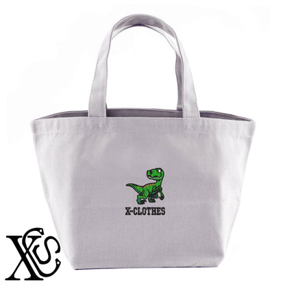 ティラノサウルス2柄 刺繍 キャンバス生地 ランチ ミニ トートバッグ レディース メンズ【X-CLOTHES】オリジナル グッズ 刺繍 ワンポイント 雑貨【b Black Camel】【g Natural Gray】 【1各種動物-恐竜】