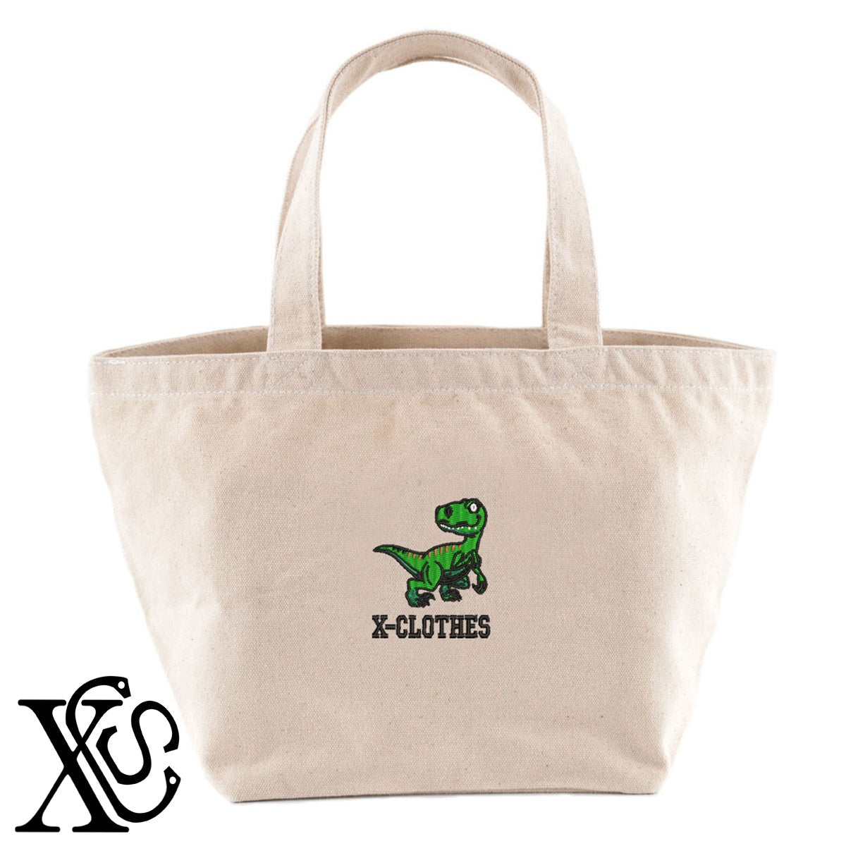 ティラノサウルス2柄 刺繍 キャンバス生地 ランチ ミニ トートバッグ レディース メンズ【X-CLOTHES】オリジナル グッズ 刺繍 ワンポイント 雑貨【b Black Camel】【g Natural Gray】 【1各種動物-恐竜】