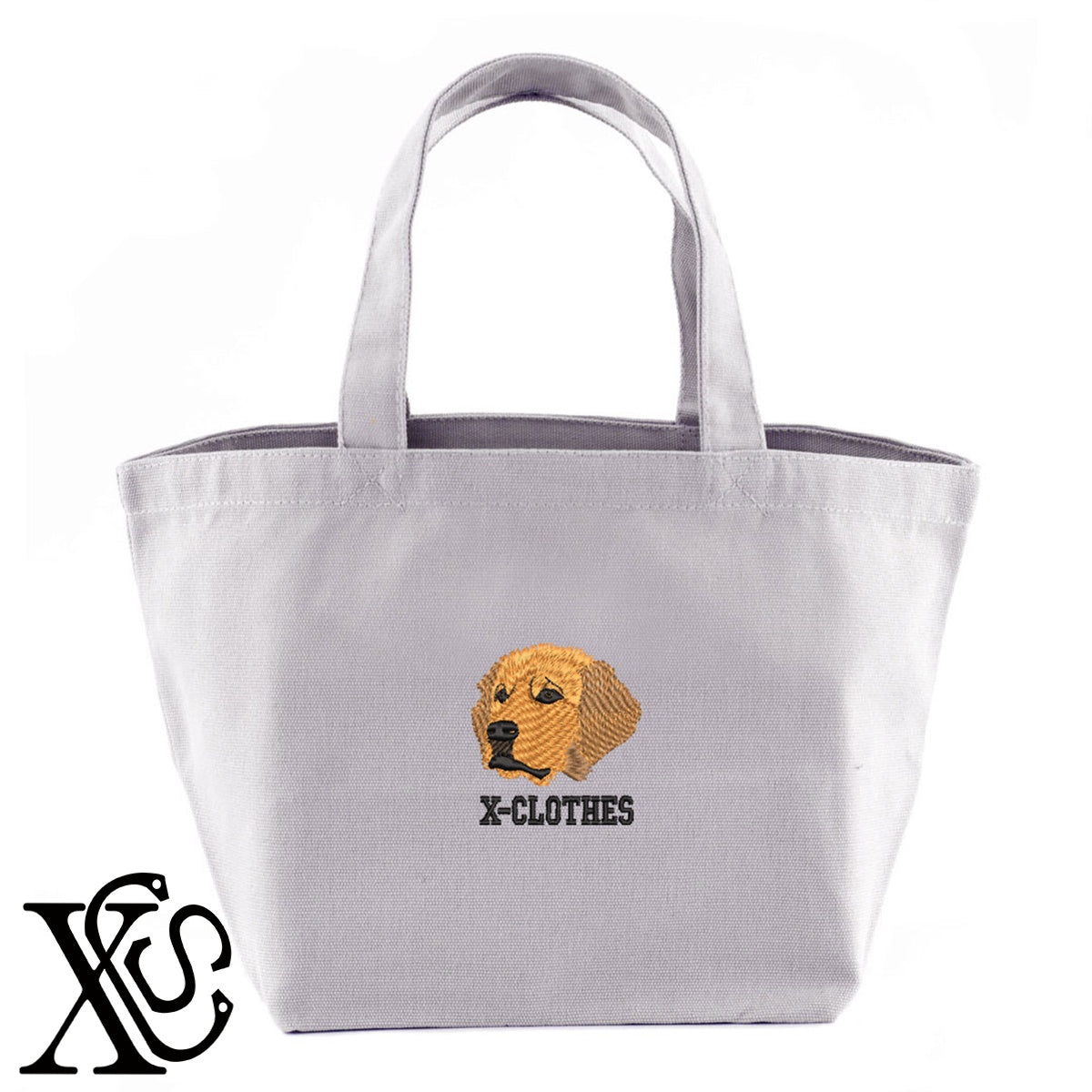 ゴールデンレトリバー2柄 刺繍 キャンバス生地 ランチ ミニ トートバッグ レディース メンズ【X-CLOTHES】オリジナル グッズ 刺繍 ワンポイント 雑貨【b Black Camel】【g Natural Gray】 【1各種動物-犬類】