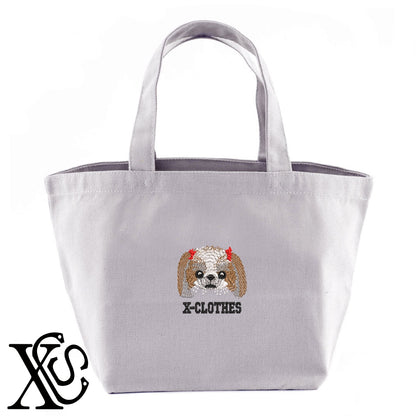 シーズー2柄 刺繍 キャンバス生地 ランチ ミニ トートバッグ レディース メンズ【X-CLOTHES】オリジナル グッズ 刺繍 ワンポイント 雑貨【b Black Camel】【g Natural Gray】 【1各種動物-犬類】