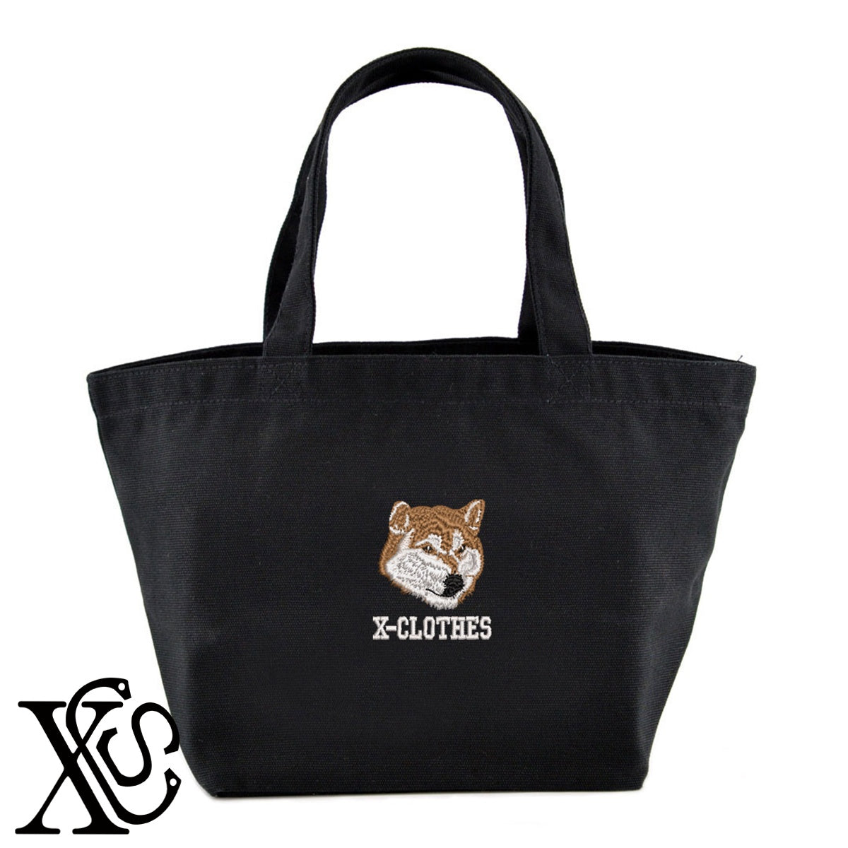 柴犬2柄 刺繍 キャンバス生地 ランチ ミニ トートバッグ レディース メンズ【X-CLOTHES】オリジナル グッズ 刺繍 ワンポイント 雑貨【b Black Camel】【g Natural Gray】 【1各種動物-犬類】