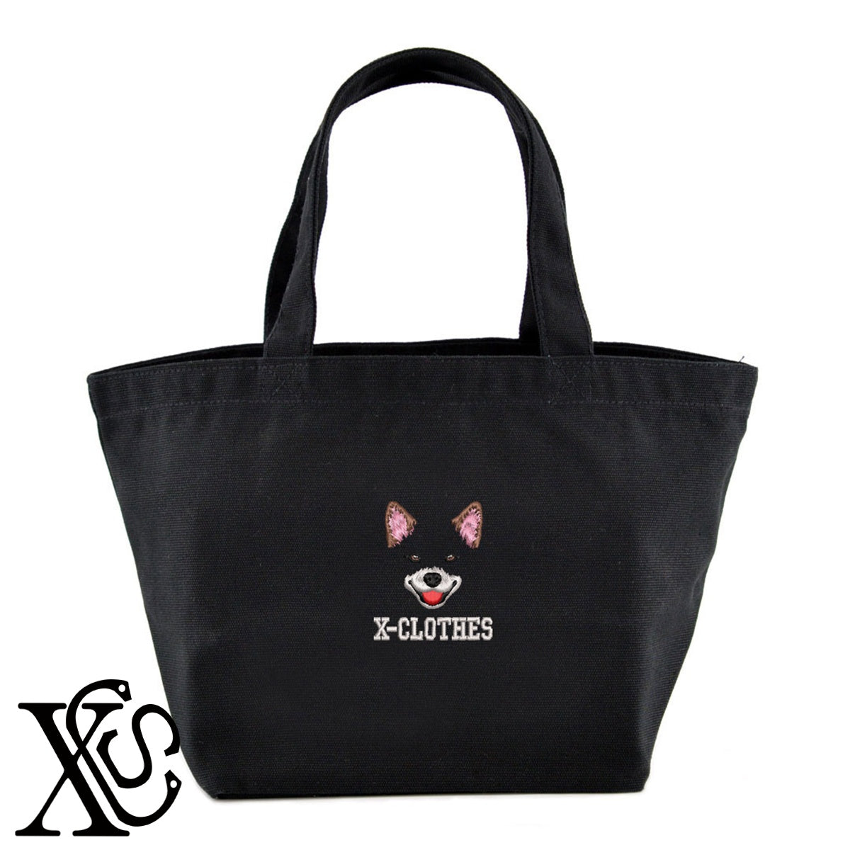 犬顔パーツ2柄 刺繍 キャンバス生地 ランチ ミニ トートバッグ レディース メンズ【X-CLOTHES】オリジナル グッズ 刺繍 ワンポイント 雑貨【b Black Camel】【g Natural Gray】 【1各種動物-犬類】
