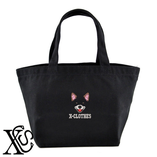 犬顔パーツ2柄 刺繍 キャンバス生地 ランチ ミニ トートバッグ レディース メンズ【X-CLOTHES】オリジナル グッズ 刺繍 ワンポイント 雑貨【b Black Camel】【g Natural Gray】 【1各種動物-犬類】