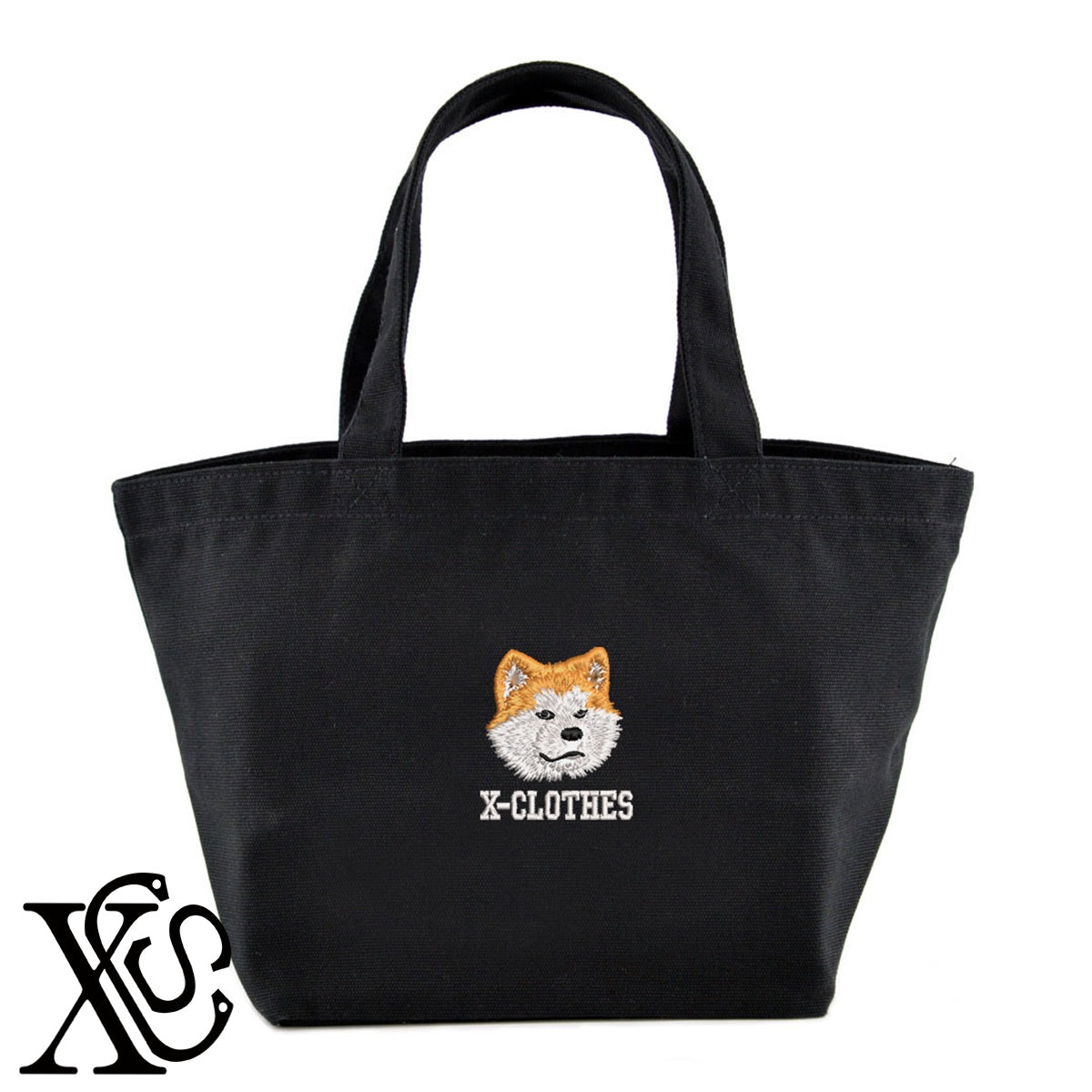 秋田犬2柄 刺繍 キャンバス生地 ランチ ミニ トートバッグ レディース メンズ【X-CLOTHES】オリジナル グッズ 刺繍 ワンポイント 雑貨【b Black Camel】【g Natural Gray】 【1各種動物-犬類】