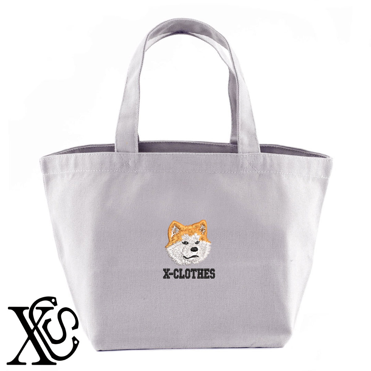 秋田犬2柄 刺繍 キャンバス生地 ランチ ミニ トートバッグ レディース メンズ【X-CLOTHES】オリジナル グッズ 刺繍 ワンポイント 雑貨【b Black Camel】【g Natural Gray】 【1各種動物-犬類】
