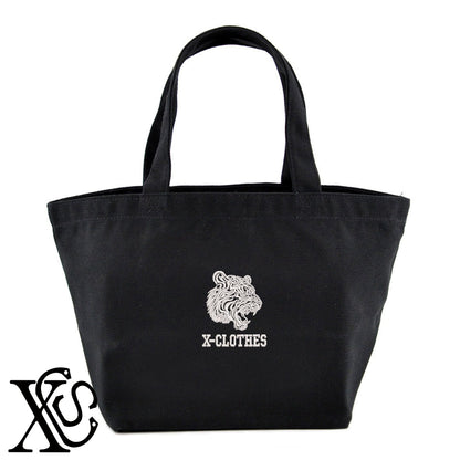 虎6柄 刺繍 キャンバス生地 ランチ ミニ トートバッグ レディース メンズ【X-CLOTHES】オリジナル グッズ 刺繍 ワンポイント 雑貨【b Black Camel】【g Natural Gray】 【1各種動物-猛獣】