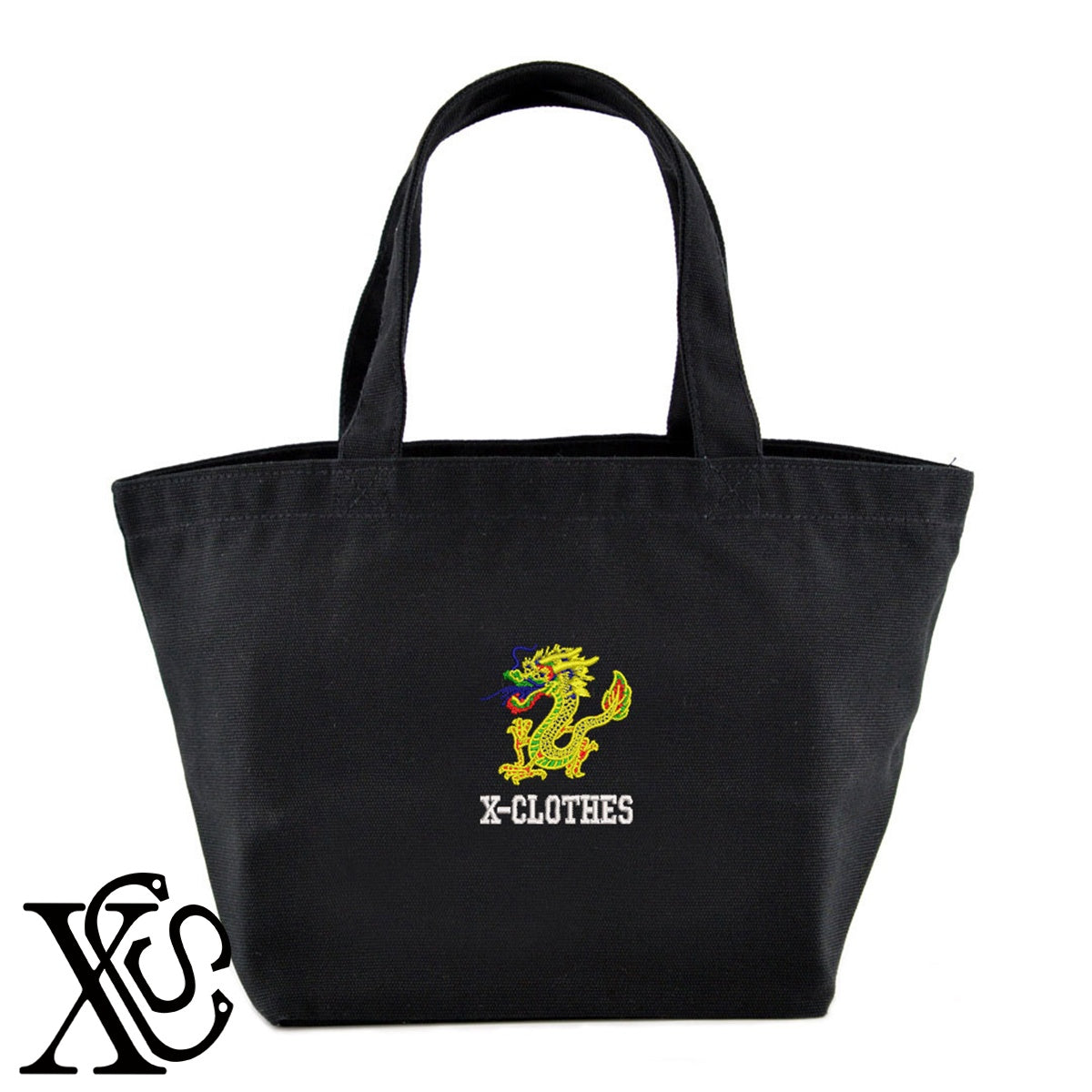 龍3柄 刺繍 キャンバス生地 ランチ ミニ トートバッグ レディース メンズ【X-CLOTHES】オリジナル グッズ 刺繍 ワンポイント 雑貨【b Black Camel】【g Natural Gray】 【1各種動物-猛獣】