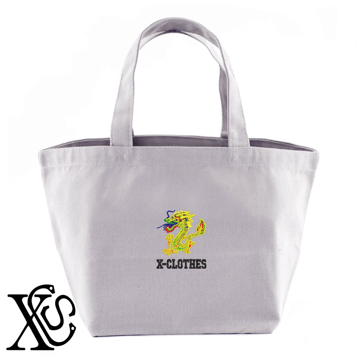 龍3柄 刺繍 キャンバス生地 ランチ ミニ トートバッグ レディース メンズ【X-CLOTHES】オリジナル グッズ 刺繍 ワンポイント 雑貨【b Black Camel】【g Natural Gray】 【1各種動物-猛獣】
