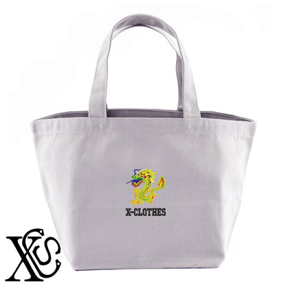 龍3柄 刺繍 キャンバス生地 ランチ ミニ トートバッグ レディース メンズ【X-CLOTHES】オリジナル グッズ 刺繍 ワンポイント 雑貨【b Black Camel】【g Natural Gray】 【1各種動物-猛獣】
