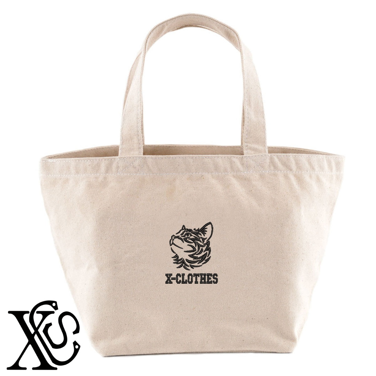 猫4柄 刺繍 キャンバス生地 ランチ ミニ トートバッグ レディース メンズ【X-CLOTHES】オリジナル グッズ 刺繍 ワンポイント 雑貨【b Black Camel】【g Natural Gray】 【1各種動物-猫】