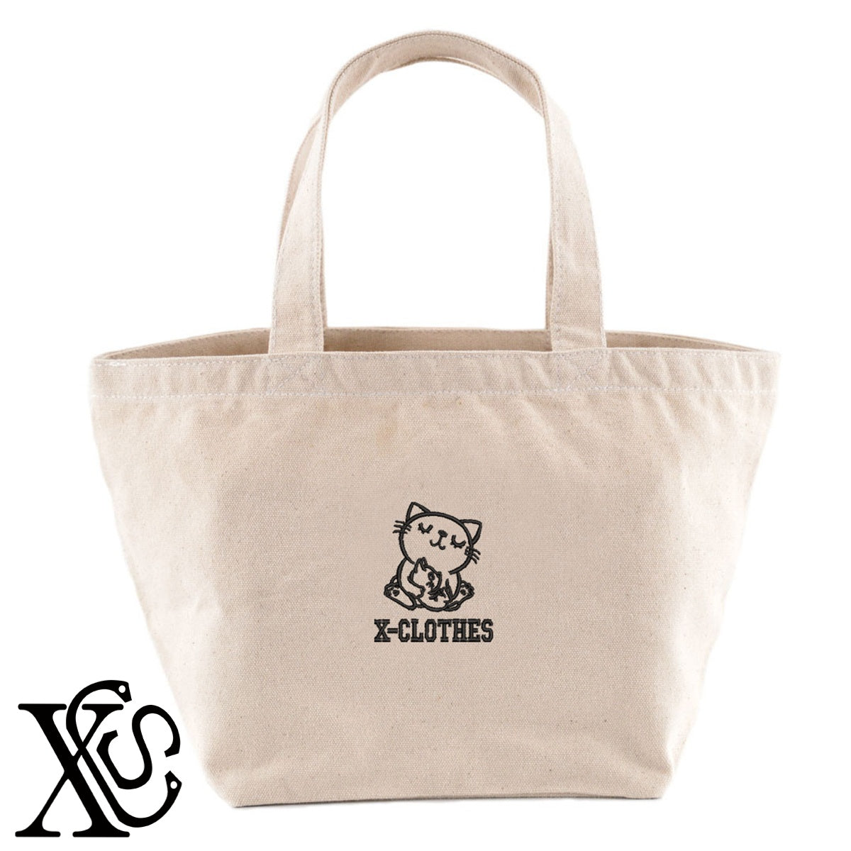 猫親子2柄 刺繍 キャンバス生地 ランチ ミニ トートバッグ レディース メンズ【X-CLOTHES】オリジナル グッズ 刺繍 ワンポイント 雑貨【b Black Camel】【g Natural Gray】 【1各種動物-猫】