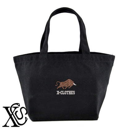 牛7柄 刺繍 キャンバス生地 ランチ ミニ トートバッグ レディース メンズ【X-CLOTHES】オリジナル グッズ 刺繍 ワンポイント 雑貨【b Black Camel】【g Natural Gray】 【1各種動物-草食動物】