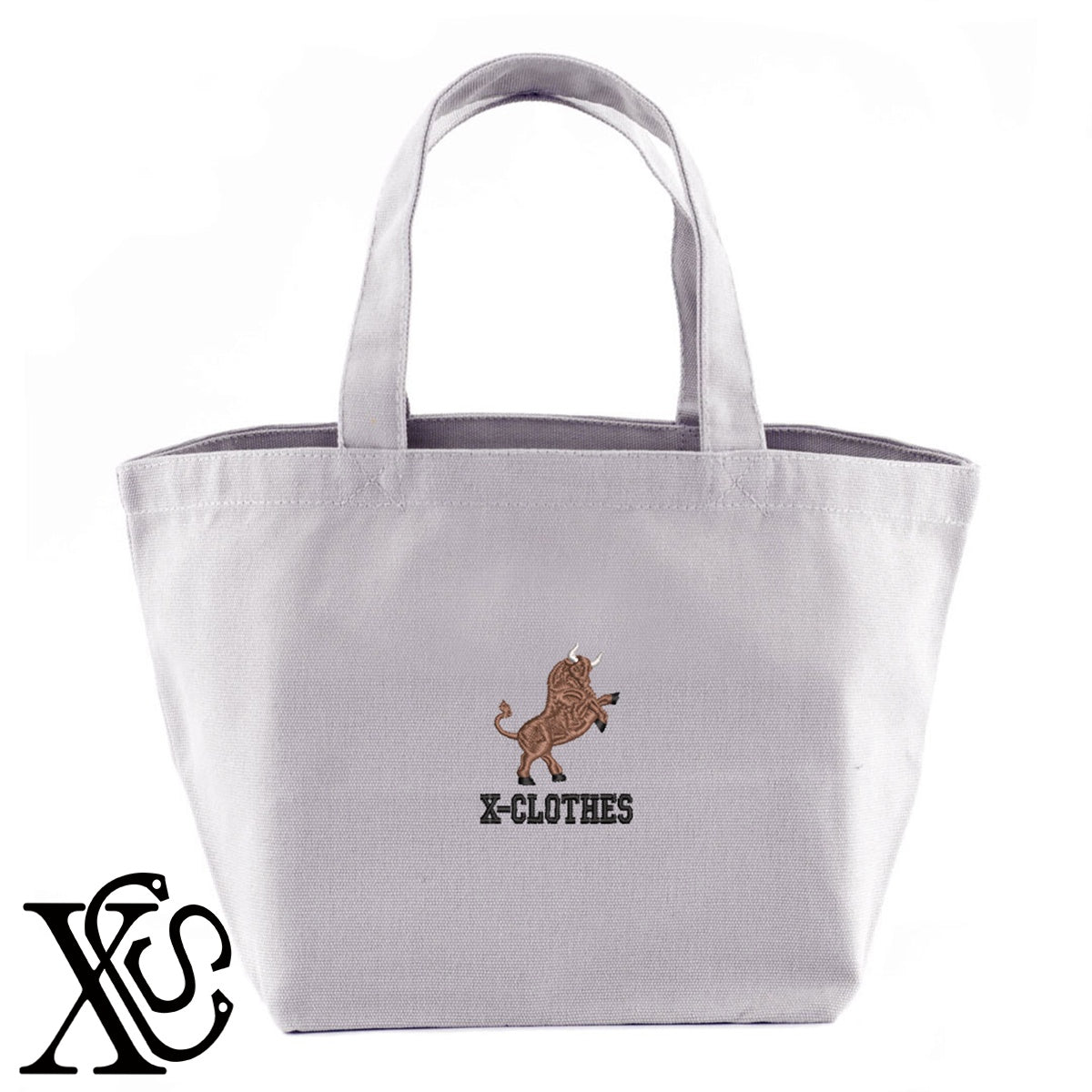 牛8柄 刺繍 キャンバス生地 ランチ ミニ トートバッグ レディース メンズ【X-CLOTHES】オリジナル グッズ 刺繍 ワンポイント 雑貨【b Black Camel】【g Natural Gray】 【1各種動物-草食動物】