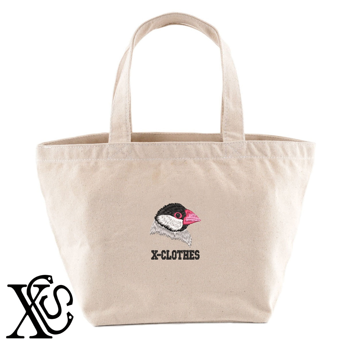 文鳥7柄 刺繍 キャンバス生地 ランチ ミニ トートバッグ レディース メンズ【X-CLOTHES】オリジナル グッズ 刺繍 ワンポイント 雑貨【b Black Camel】【g Natural Gray】 【1各種動物-鳥類】