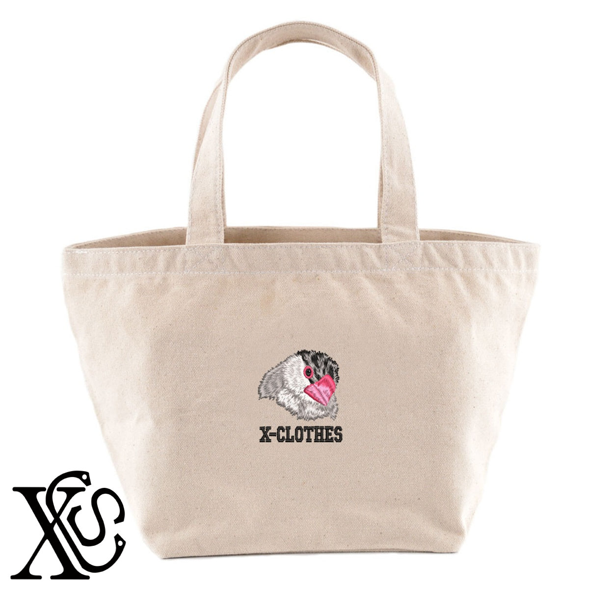 桜文鳥2柄 刺繍 キャンバス生地 ランチ ミニ トートバッグ レディース メンズ【X-CLOTHES】オリジナル グッズ 刺繍 ワンポイント 雑貨【b Black Camel】【g Natural Gray】 【1各種動物-鳥類】