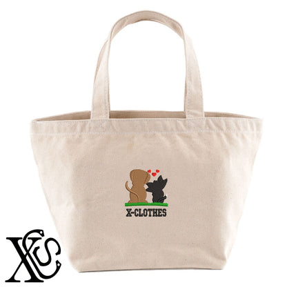 ラブ犬と猫2柄 刺繍 キャンバス生地 ランチ ミニ トートバッグ レディース メンズ【X-CLOTHES】オリジナル グッズ 刺繍 ワンポイント 雑貨【b Black Camel】【g Natural Gray】 【2植物ロゴ-キャラクター】