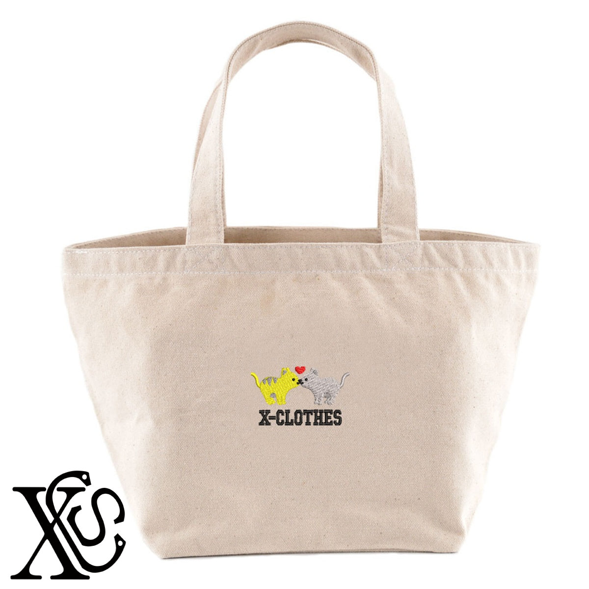 ラブ猫2柄 刺繍 キャンバス生地 ランチ ミニ トートバッグ レディース メンズ【X-CLOTHES】オリジナル グッズ 刺繍 ワンポイント 雑貨【b Black Camel】【g Natural Gray】 【2植物ロゴ-キャラクター】