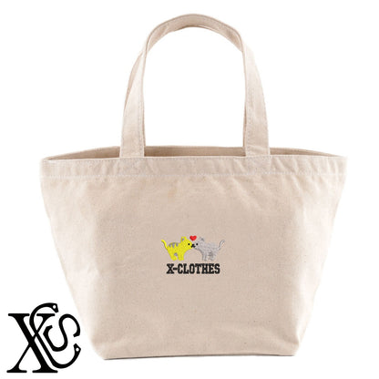 ラブ猫2柄 刺繍 キャンバス生地 ランチ ミニ トートバッグ レディース メンズ【X-CLOTHES】オリジナル グッズ 刺繍 ワンポイント 雑貨【b Black Camel】【g Natural Gray】 【2植物ロゴ-キャラクター】