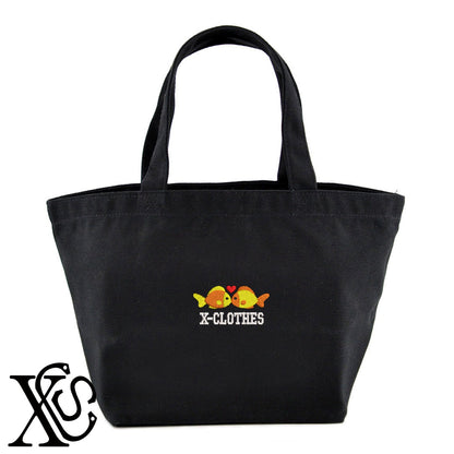 ラブ魚2柄 刺繍 キャンバス生地 ランチ ミニ トートバッグ レディース メンズ【X-CLOTHES】オリジナル グッズ 刺繍 ワンポイント 雑貨【b Black Camel】【g Natural Gray】 【2植物ロゴ-キャラクター】