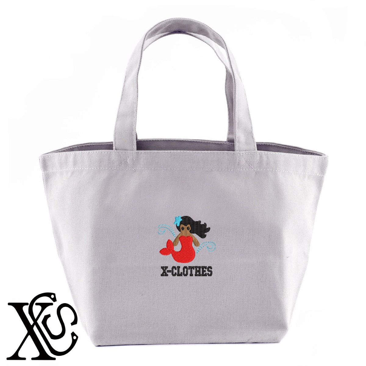 人魚8柄 刺繍 キャンバス生地 ランチ ミニ トートバッグ レディース メンズ【X-CLOTHES】オリジナル グッズ 刺繍 ワンポイント 雑貨【b Black Camel】【g Natural Gray】 【2植物ロゴ-キャラクター】