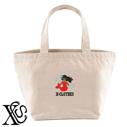 人魚8柄 刺繍 キャンバス生地 ランチ ミニ トートバッグ レディース メンズ【X-CLOTHES】オリジナル グッズ 刺繍 ワンポイント 雑貨【b Black Camel】【g Natural Gray】 【2植物ロゴ-キャラクター】