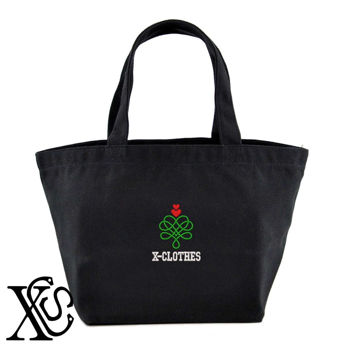 ハート6柄 刺繍 キャンバス生地 ランチ ミニ トートバッグ レディース メンズ【X-CLOTHES】オリジナル グッズ 刺繍 ワンポイント 雑貨【b Black Camel】【g Natural Gray】 【2植物ロゴ-ハート】