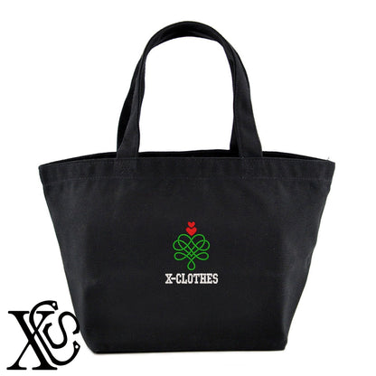 ハート6柄 刺繍 キャンバス生地 ランチ ミニ トートバッグ レディース メンズ【X-CLOTHES】オリジナル グッズ 刺繍 ワンポイント 雑貨【b Black Camel】【g Natural Gray】 【2植物ロゴ-ハート】