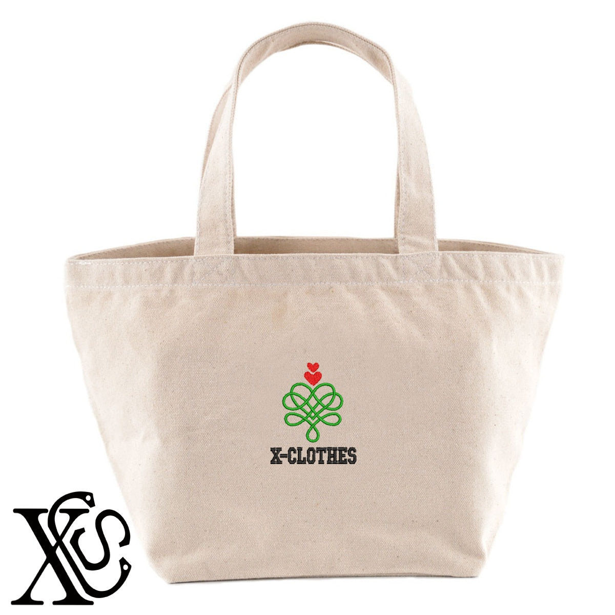 ハート6柄 刺繍 キャンバス生地 ランチ ミニ トートバッグ レディース メンズ【X-CLOTHES】オリジナル グッズ 刺繍 ワンポイント 雑貨【b Black Camel】【g Natural Gray】 【2植物ロゴ-ハート】