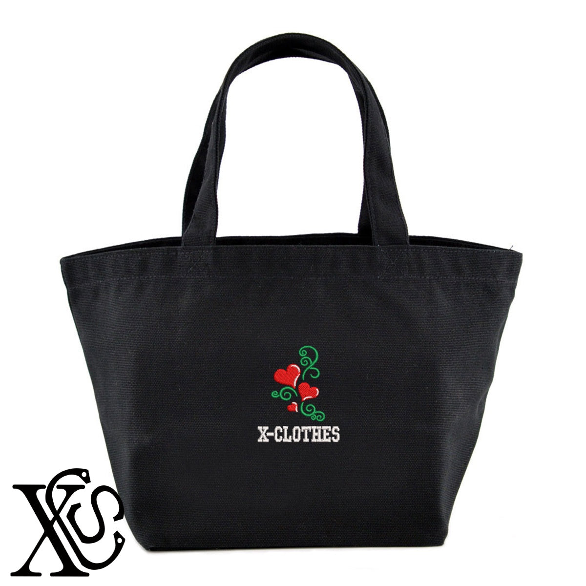 ハート8柄 刺繍 キャンバス生地 ランチ ミニ トートバッグ レディース メンズ【X-CLOTHES】オリジナル グッズ 刺繍 ワンポイント 雑貨【b Black Camel】【g Natural Gray】 【2植物ロゴ-ハート】