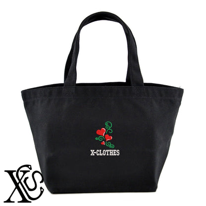 ハート8柄 刺繍 キャンバス生地 ランチ ミニ トートバッグ レディース メンズ【X-CLOTHES】オリジナル グッズ 刺繍 ワンポイント 雑貨【b Black Camel】【g Natural Gray】 【2植物ロゴ-ハート】