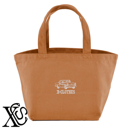 車2柄 刺繍 キャンバス生地 ランチ ミニ トートバッグ レディース メンズ【X-CLOTHES】オリジナル グッズ 刺繍 ワンポイント 雑貨【b Black Camel】【g Natural Gray】 【2植物ロゴ-乗り物】