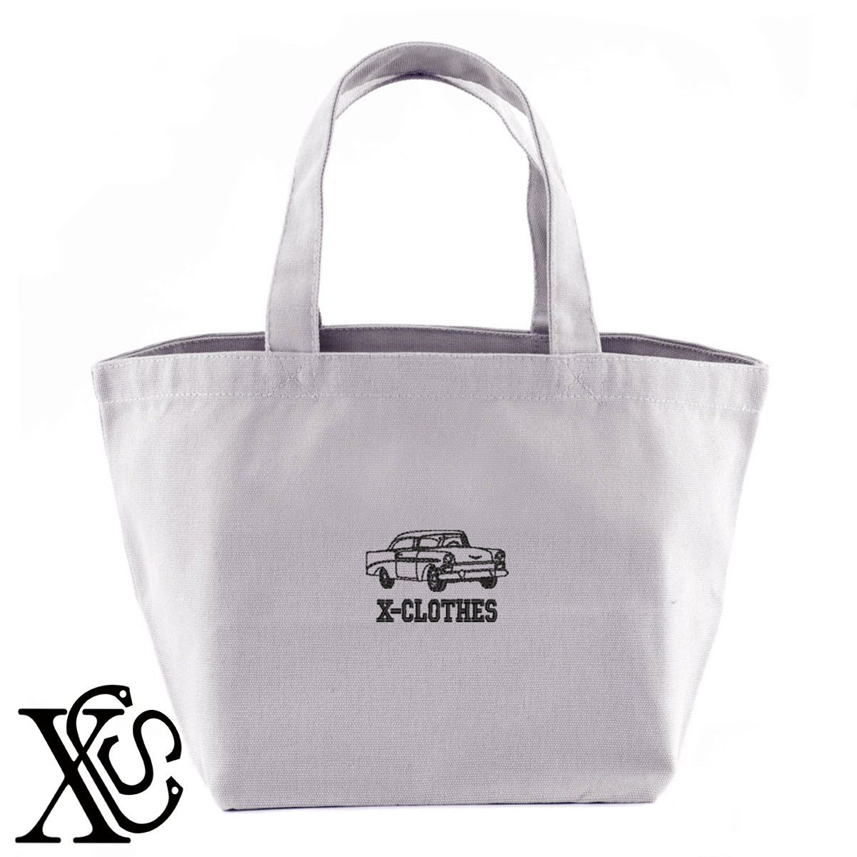 車2柄 刺繍 キャンバス生地 ランチ ミニ トートバッグ レディース メンズ【X-CLOTHES】オリジナル グッズ 刺繍 ワンポイント 雑貨【b Black Camel】【g Natural Gray】 【2植物ロゴ-乗り物】