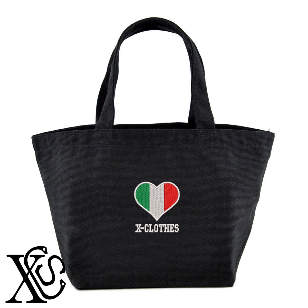 イタリア2柄 刺繍 キャンバス生地 ランチ ミニ トートバッグ レディース メンズ【X-CLOTHES】オリジナル グッズ 刺繍 ワンポイント 雑貨【b Black Camel】【g Natural Gray】 【2植物ロゴ-国旗】