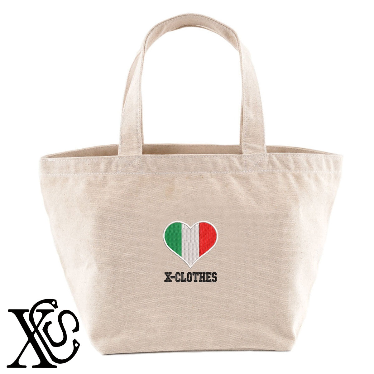 イタリア2柄 刺繍 キャンバス生地 ランチ ミニ トートバッグ レディース メンズ【X-CLOTHES】オリジナル グッズ 刺繍 ワンポイント 雑貨【b Black Camel】【g Natural Gray】 【2植物ロゴ-国旗】