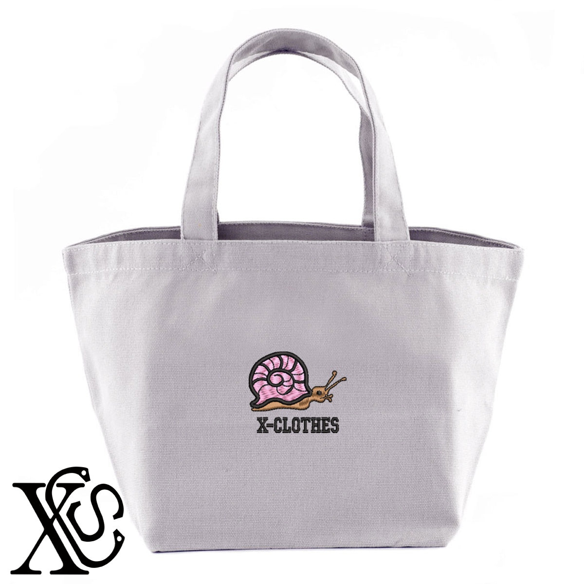カタツムリ2柄 刺繍 キャンバス生地 ランチ ミニ トートバッグ レディース メンズ【X-CLOTHES】オリジナル グッズ 刺繍 ワンポイント 雑貨【b Black Camel】【g Natural Gray】 【2植物ロゴ-昆虫】