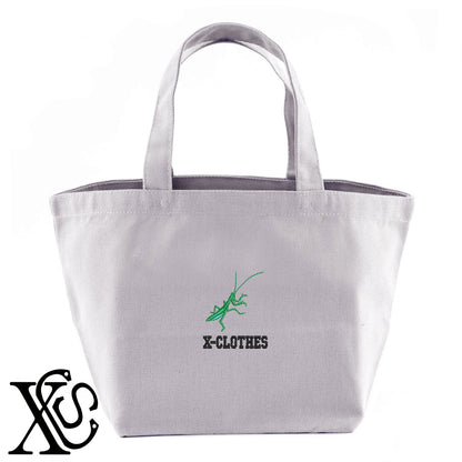 カマキリ2柄 刺繍 キャンバス生地 ランチ ミニ トートバッグ レディース メンズ【X-CLOTHES】オリジナル グッズ 刺繍 ワンポイント 雑貨【b Black Camel】【g Natural Gray】 【2植物ロゴ-昆虫】