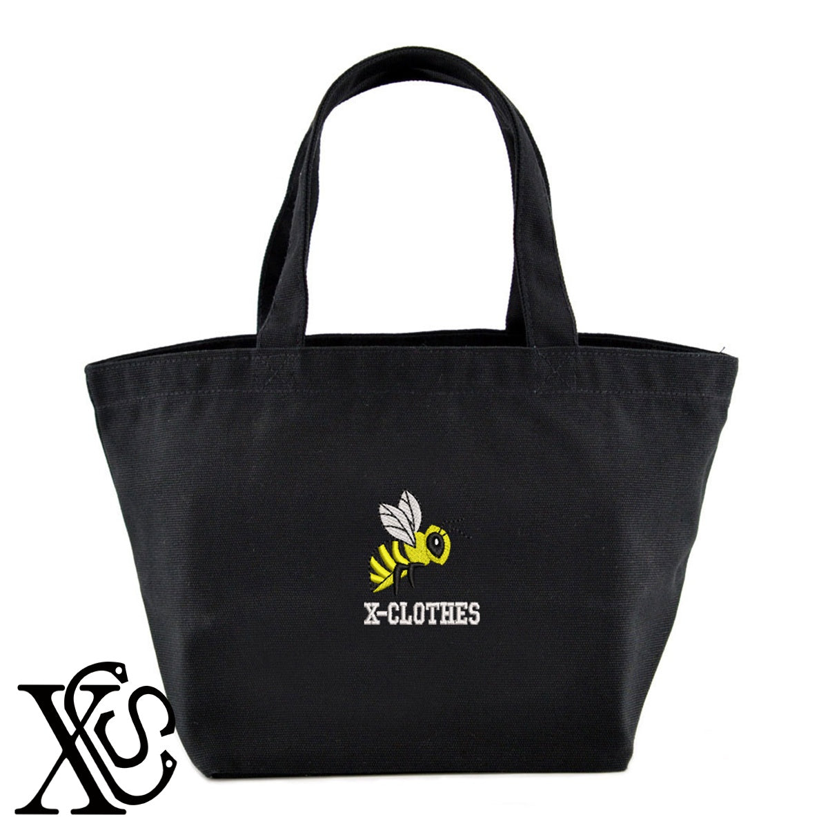 蜂5柄 刺繍 キャンバス生地 ランチ ミニ トートバッグ レディース メンズ【X-CLOTHES】オリジナル グッズ 刺繍 ワンポイント 雑貨【b Black Camel】【g Natural Gray】 【2植物ロゴ-昆虫】