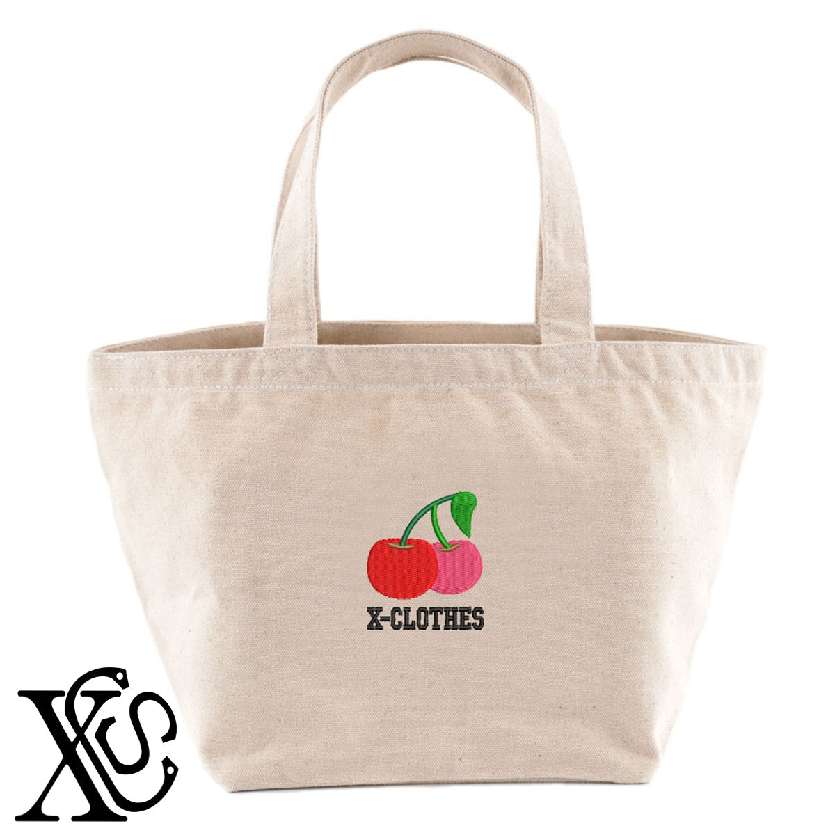 さくらんぼ3柄 刺繍 キャンバス生地 ランチ ミニ トートバッグ レディース メンズ【X-CLOTHES】オリジナル グッズ 刺繍 ワンポイント 雑貨【b Black Camel】【g Natural Gray】 【2植物ロゴ-果物】