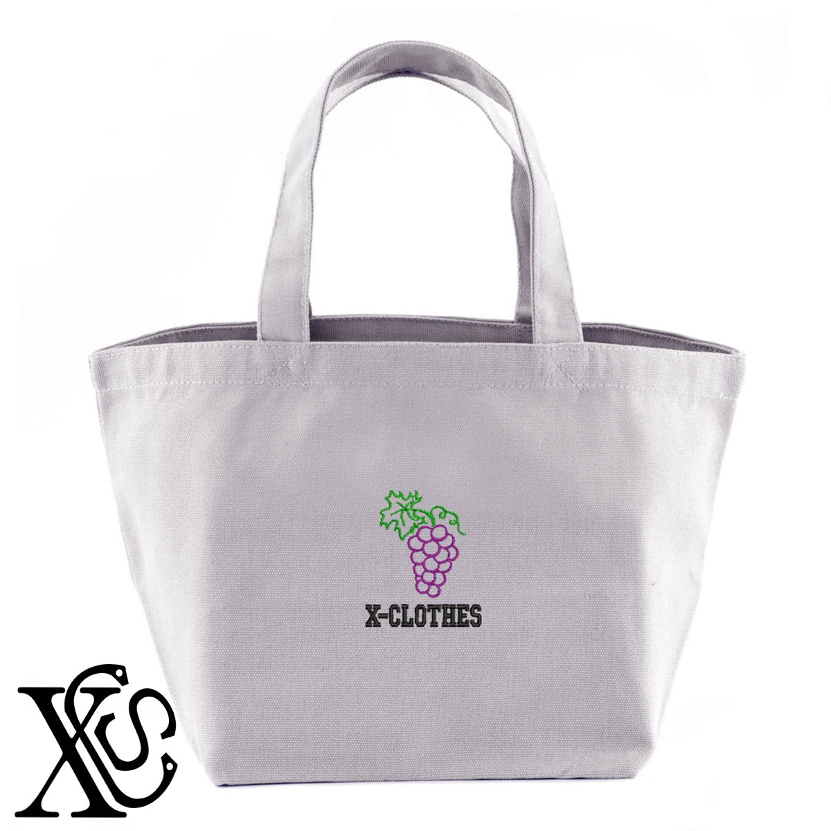 ぶどう4柄 刺繍 キャンバス生地 ランチ ミニ トートバッグ レディース メンズ【X-CLOTHES】オリジナル グッズ 刺繍 ワンポイント 雑貨【b Black Camel】【g Natural Gray】 【2植物ロゴ-果物】