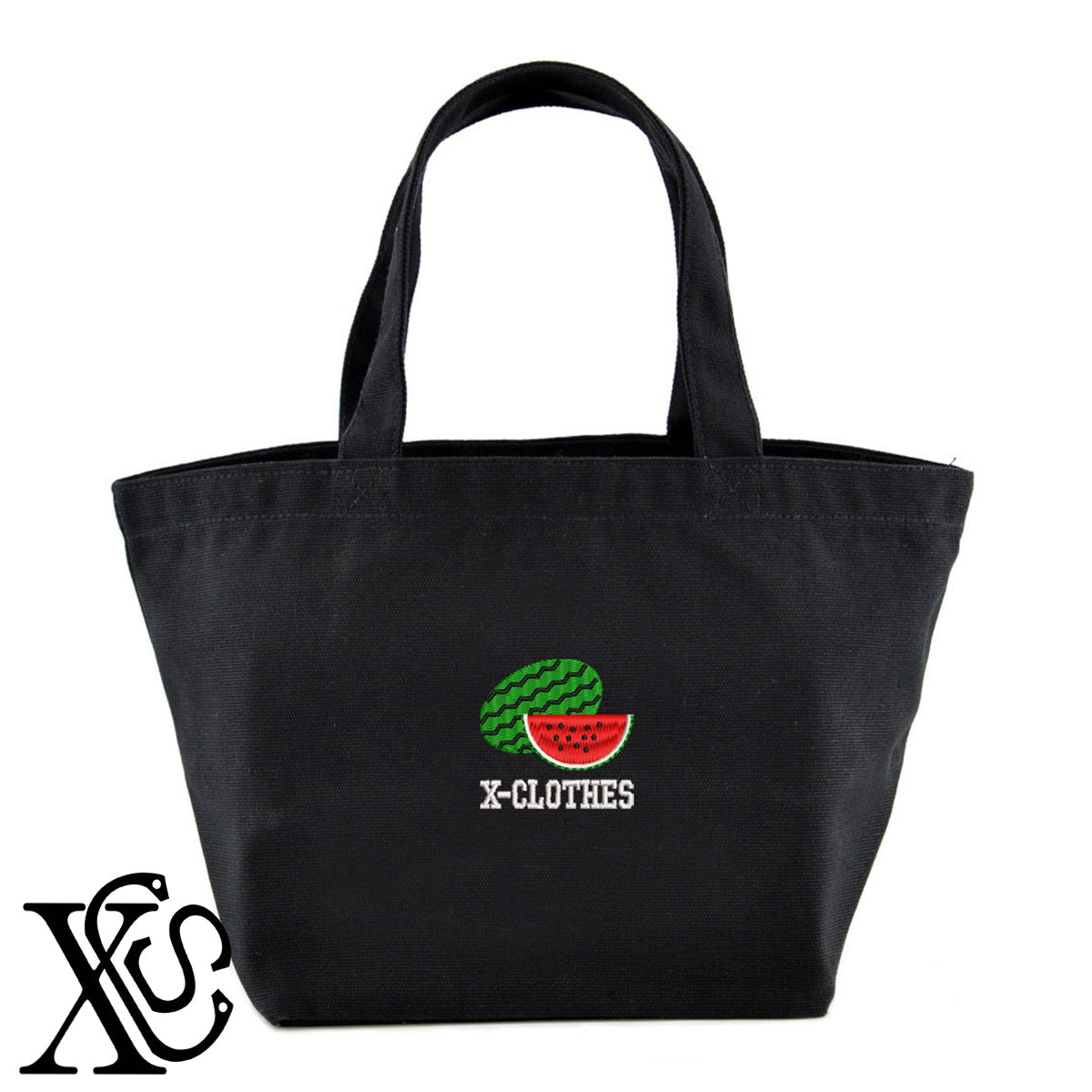 スイカ3柄 刺繍 キャンバス生地 ランチ ミニ トートバッグ レディース メンズ【X-CLOTHES】オリジナル グッズ 刺繍 ワンポイント 雑貨【b Black Camel】【g Natural Gray】 【2植物ロゴ-果物】