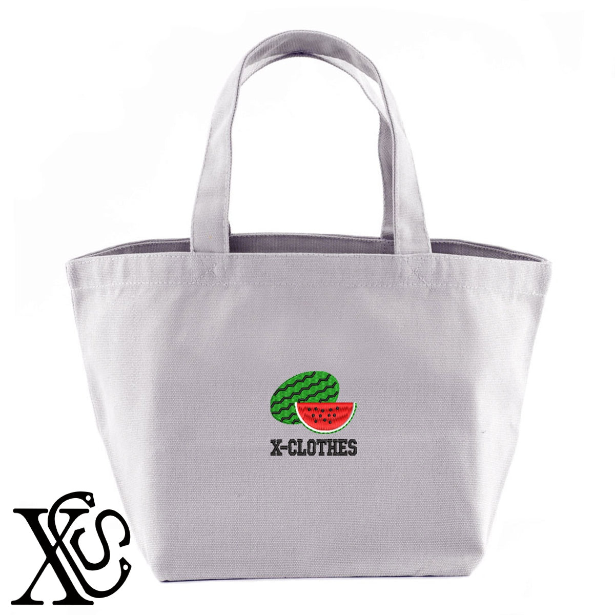 スイカ3柄 刺繍 キャンバス生地 ランチ ミニ トートバッグ レディース メンズ【X-CLOTHES】オリジナル グッズ 刺繍 ワンポイント 雑貨【b Black Camel】【g Natural Gray】 【2植物ロゴ-果物】