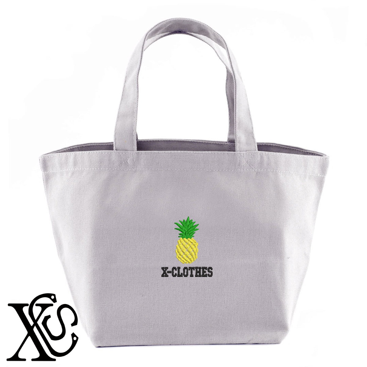 パイナップル2柄 刺繍 キャンバス生地 ランチ ミニ トートバッグ レディース メンズ【X-CLOTHES】オリジナル グッズ 刺繍 ワンポイント 雑貨【b Black Camel】【g Natural Gray】 【2植物ロゴ-果物】