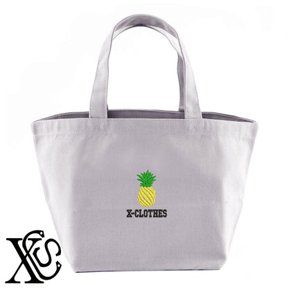 パイナップル2柄 刺繍 キャンバス生地 ランチ ミニ トートバッグ レディース メンズ【X-CLOTHES】オリジナル グッズ 刺繍 ワンポイント 雑貨【b Black Camel】【g Natural Gray】 【2植物ロゴ-果物】