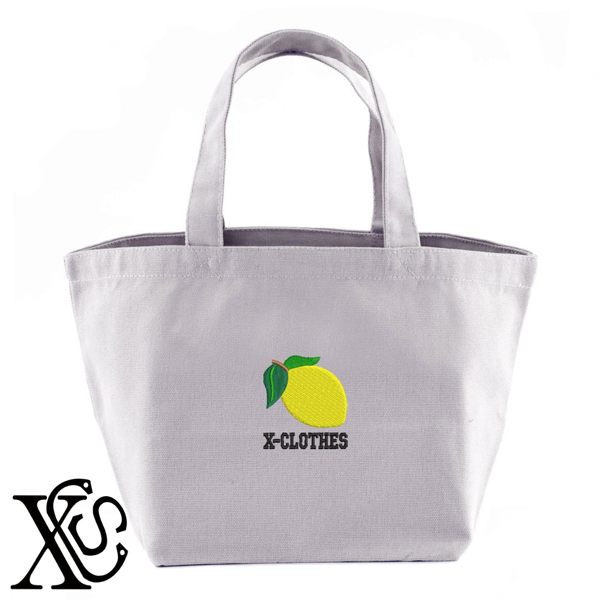 レモン2柄 刺繍 キャンバス生地 ランチ ミニ トートバッグ レディース メンズ【X-CLOTHES】オリジナル グッズ 刺繍 ワンポイント 雑貨【b Black Camel】【g Natural Gray】 【2植物ロゴ-果物】