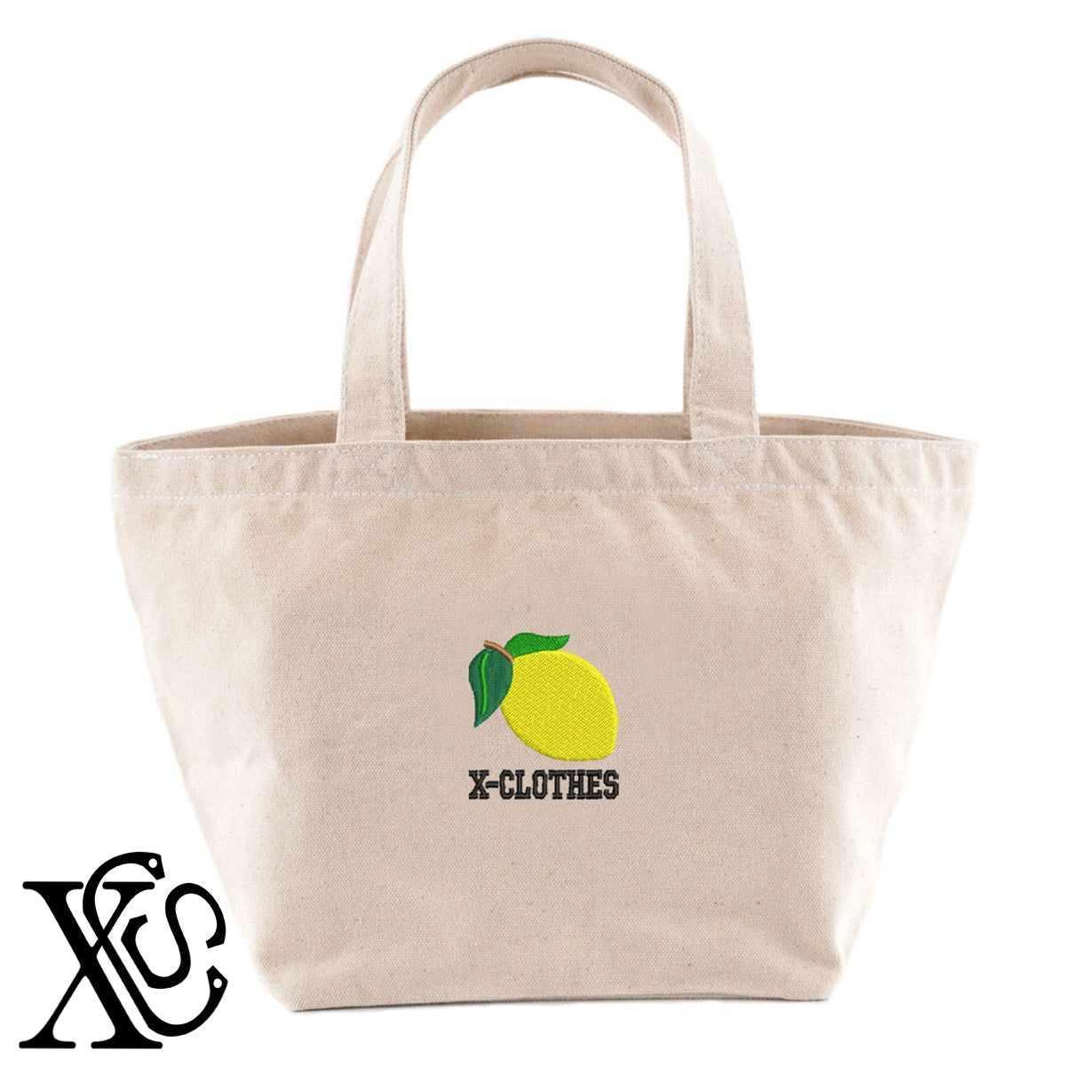 レモン2柄 刺繍 キャンバス生地 ランチ ミニ トートバッグ レディース メンズ【X-CLOTHES】オリジナル グッズ 刺繍 ワンポイント 雑貨【b Black Camel】【g Natural Gray】 【2植物ロゴ-果物】