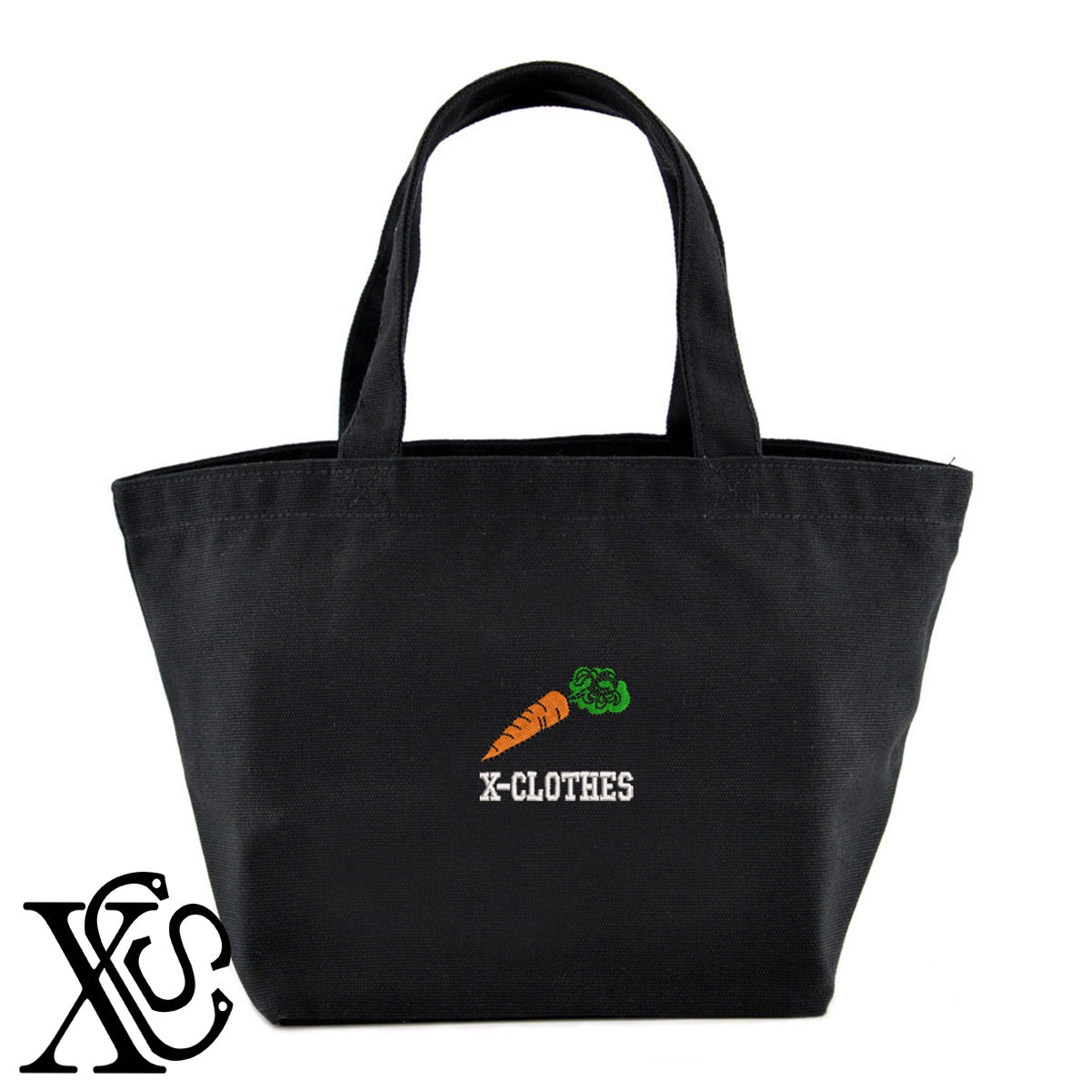 人参3柄 刺繍 キャンバス生地 ランチ ミニ トートバッグ レディース メンズ【X-CLOTHES】オリジナル グッズ 刺繍 ワンポイント 雑貨【b Black Camel】【g Natural Gray】 【2植物ロゴ-果物】