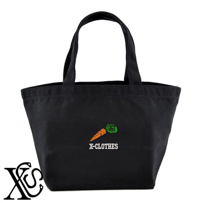人参3柄 刺繍 キャンバス生地 ランチ ミニ トートバッグ レディース メンズ【X-CLOTHES】オリジナル グッズ 刺繍 ワンポイント 雑貨【b Black Camel】【g Natural Gray】 【2植物ロゴ-果物】