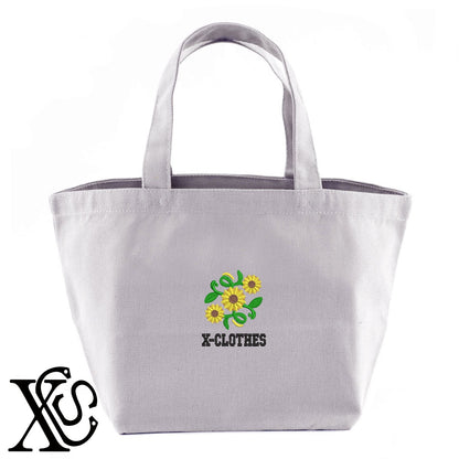 ひまわり3柄 刺繍 キャンバス生地 ランチ ミニ トートバッグ レディース メンズ【X-CLOTHES】オリジナル グッズ 刺繍 ワンポイント 雑貨【b Black Camel】【g Natural Gray】 【2植物ロゴ-植物】